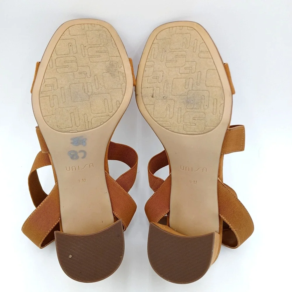 Unisa Dahna Block Heel Women's Sandals Brown Faux‎ Suede Elastic Size 9.5 M
